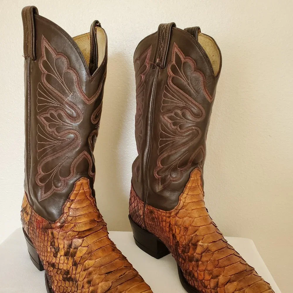 Tony Lama 10 1/2 painted brown tan black beige western cowboy boots snakeskin